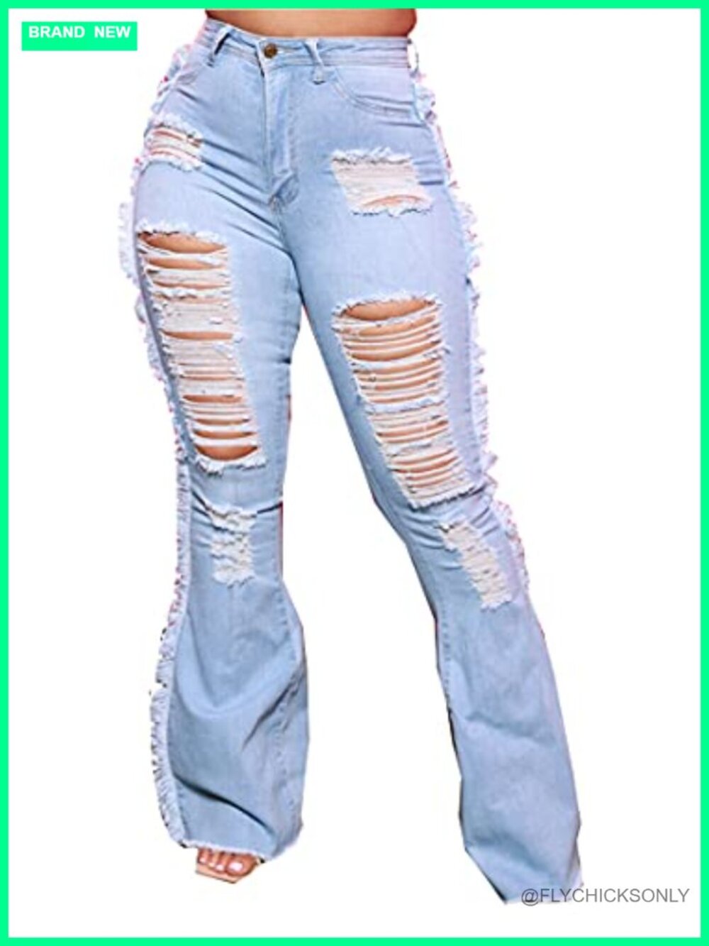 Women's Bell Bottom Jeans Destoryed Ripped Flare Elastic Waist Raw Hem Denim